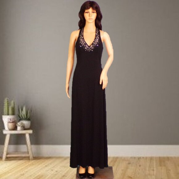 DAVE & JOHNNY size 5/6 black semi-backless jeweled & sequined full-length gown - Picture 1 of 15